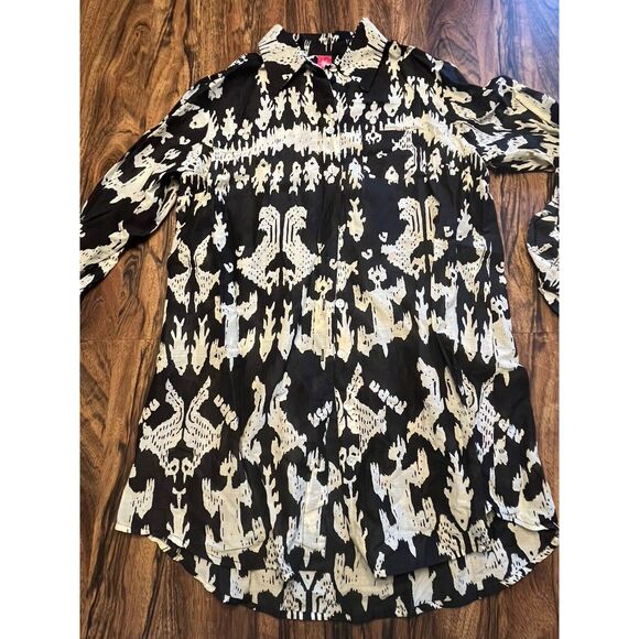 Vtg SANDY STARKMAN Black Button Down Thin Cotton Tunic Dress Coverup Women Sz L - Picture 1 of 10